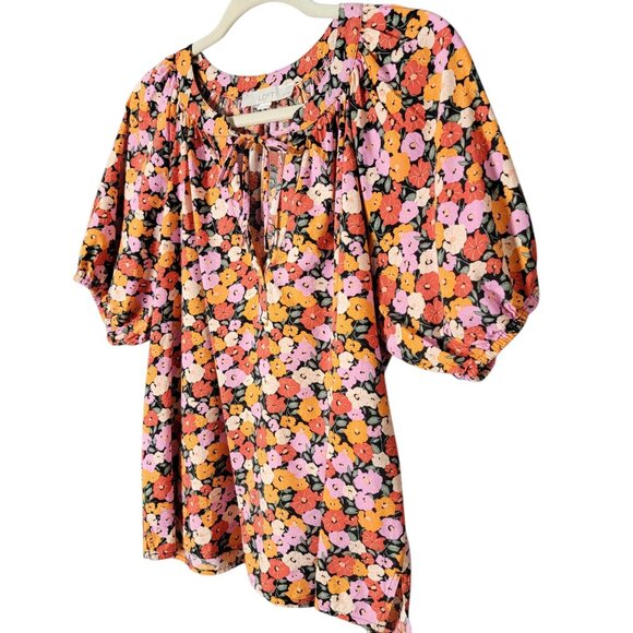 LOFT Petites Womens Floral Peasant Puff Sleeve Cottagecore Front Tie Work Top LP - Picture 2 of 9